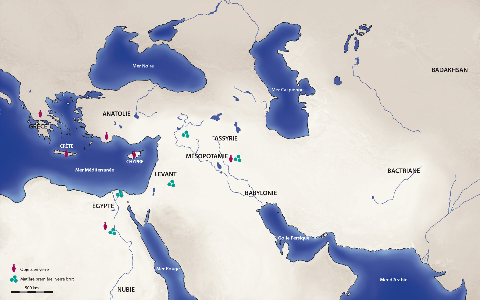 Carte de la distribution du verre brut et des objets de verrerie finis dans le bassin méditerranéen antique