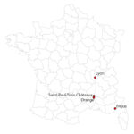 Carte de France, sites de Lyon, Saint-Paul-Trois-Châteaux, Orange et Fréjus