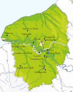 Carte des principaux sites archéologiques ayant livré de la verrerie antique en région Haute-Normandie