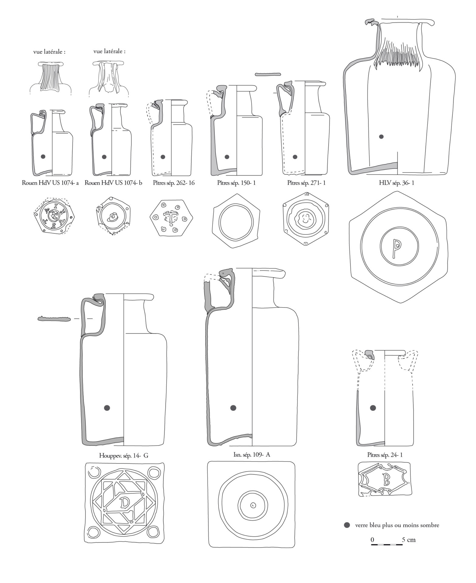 Principales variantes de bouteilles quadrangulaires et hexagonales des 2e et 3e siècles