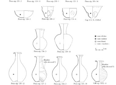Principales variantes de bols et de flacons de verrerie antique produits en Haute-Normandie (France) entre la fin du 3e et le 4 siècle.