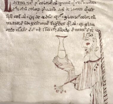 Dessin d'un médecin examinant un urinal, détail d'un recueil de médecine médiéval