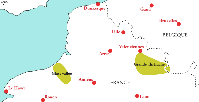 Carte de la Grande Thiérache (Aisne, Ardennes, Wallonie) en France et Belgique et de la vallée de la Besle dite Glass Vallée en Normandie