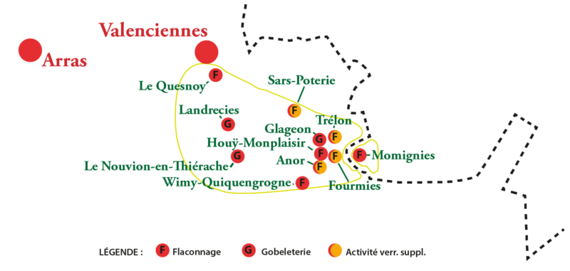 Carte des verreries de verre blanc de la Grande Thiérache, France et Belgique, première moitié du 20e siècle