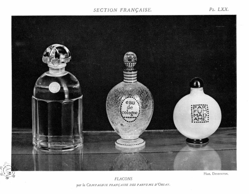 Flacons de la Compagnie française des parfums d'Orsay présentés dans le Rapport de l'Exposition internationale des Arts Décoratifs industriels et modernes de Paris, 1925. France, premier quart du 20e siècle