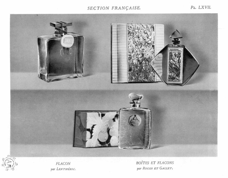 Flacons de Lenthéric et Roger & Gallet présentés dans le Rapport de l'Exposition internationale des Arts Décoratifs industriels et modernes de Paris, 1925. France, premier quart du 20e siècle