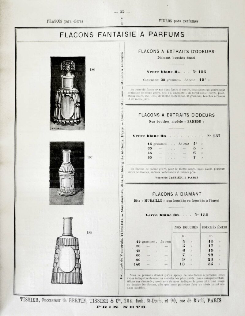 Trois flacons fantaisie à parfums dans le catalogue Tissier, Paris, France, fin du 19e siècle